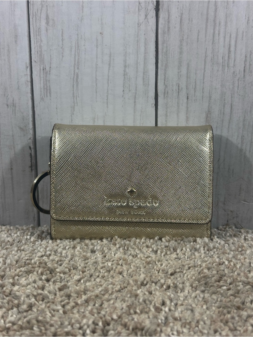 Kate Spade New York Champagne Trifold Wallet w/ Black Polka Dots